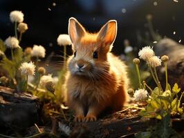 AI generated Cute little rabbit in the garden at sunset close up photo