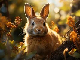 Cute little rabbit in the garden at sunset close up photo