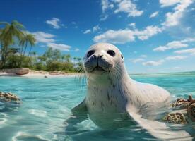 AI generated Seal in the water on a background of palm trees and blue sky photo