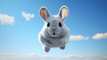 ai generado volador linda pequeño chinchilla personaje en azul cielo antecedentes. foto