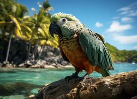 AI generated Parrot on the beach with palm trees and blue sky background. photo