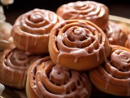 AI generated Freshly baked cinnamon rolls on rustic kitchen photo