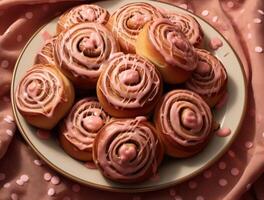 AI generated Freshly baked cinnamon rolls on rustic kitchen photo