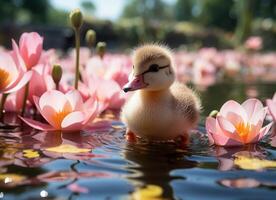 AI generated Little duckling swimming in a lake with pink water lilies. photo