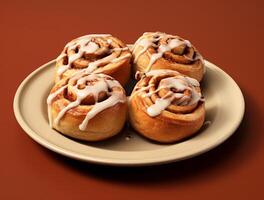 AI generated Freshly baked cinnamon rolls on rustic kitchen photo