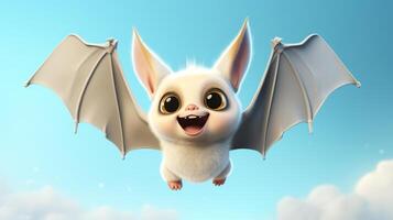 AI generated Flying cute bat character on blue sky background. photo