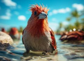 rojo con membrete cardenal pájaro en el apuntalar de el Mediterráneo mar foto