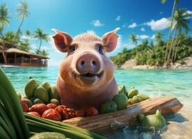 AI generated Cute pig swimming in tropical sea, summer vacation concept. photo