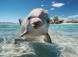 AI generated Dolphin swims in the sea with splashes of water. photo