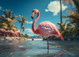 AI generated Pink flamingo standing in the water on a beautiful tropical beach. photo