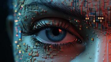 AI generated Artificial intelligence concept. Close up of human eye with circuit board. photo