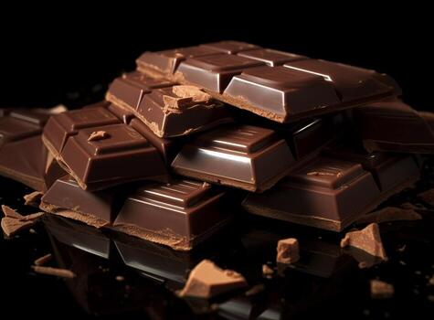 AI generated Pieces of dark chocolate on table closeup Food background photo