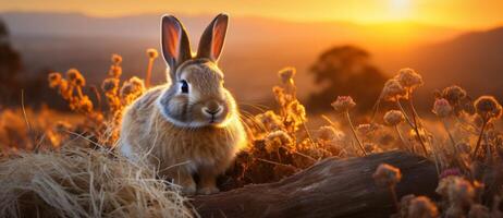 AI generated Cute little rabbit in the garden at sunset close up photo