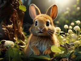 Cute little rabbit sitting in the grass on a sunny day. photo