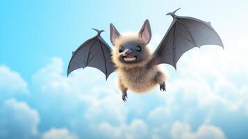 AI generated Flying cute bat character on blue sky background. photo