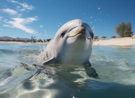 ai generado delfín nada en el mar con salpicaduras de agua. foto
