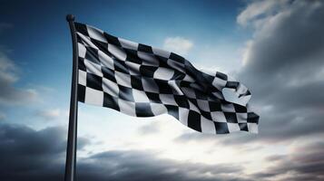 AI generated Race flag waving in the wind over asphalt road with cloudy sky background photo