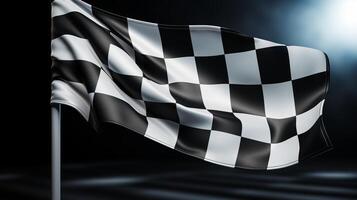 AI generated Race flag waving in the wind over asphalt road with cloudy sky background photo