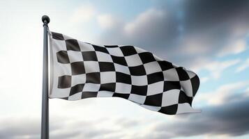 AI generated Race flag waving in the wind over asphalt road with cloudy sky background photo