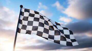 AI generated Race flag waving in the wind over asphalt road with cloudy sky background photo