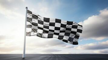 AI generated Race flag waving in the wind over asphalt road with cloudy sky background photo