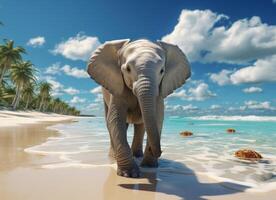 AI generated Elephant in the water on a background of palm trees and blue sky photo