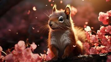 AI generated Red squirrel sitting on a log in the forest photo