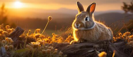 AI generated Cute little rabbit in the garden at sunset close up photo