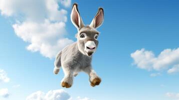 AI generated Flying cute little donkey character on blue sky background. photo