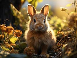 AI generated Cute little rabbit in the garden at sunset close up photo