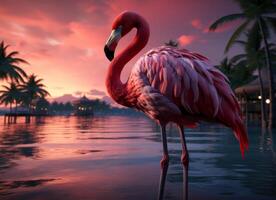 AI generated Pink flamingo standing in the water on a beautiful tropical beach. photo