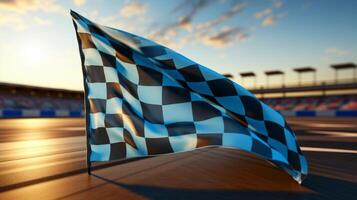 AI generated Race flag waving in the wind over asphalt road with cloudy sky background photo