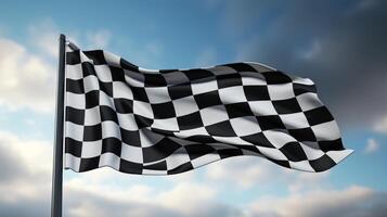 AI generated Race flag waving in the wind over asphalt road with cloudy sky background photo