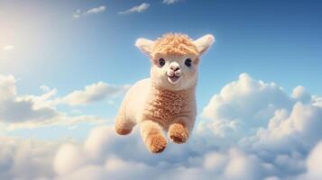 AI generated Flying Alpaca on blue sky background. photo