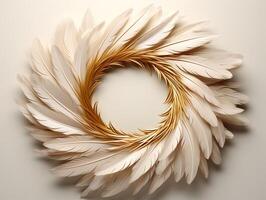 AI generated Beautiful golden and white feathers on a white background. photo