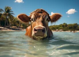 ai generado linda rojo vaca nadando en el mar agua con azul cielo antecedentes foto