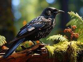 Raven perched on a branch in the forest photo