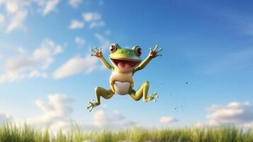 AI generated Flying cute little frog character on blue sky background. photo