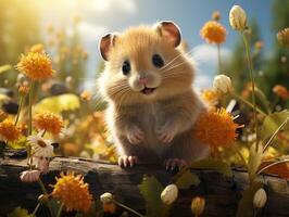 AI generated Hamster sits on a branch in the grass in a meadow photo