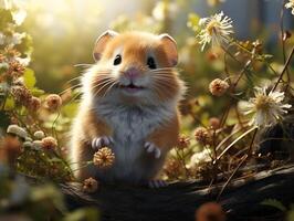 AI generated Hamster sits on a branch in the grass in a meadow photo