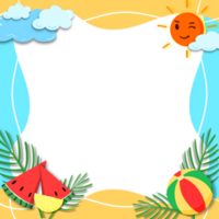 zomer kader illustratie decoratie met watermeloen, citroen, bal, strand, zee, vakantie concept png
