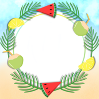 Sommer- Rahmen Illustration Dekoration mit tropisch Früchte, Wassermelone, Kokosnuss, Zitrone mit Himmel und Meer Hintergrund png