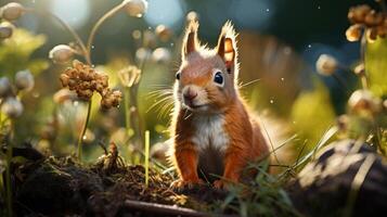 AI generated Red squirrel sitting on a log in the forest photo