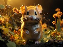 AI generated Little mouse in the autumn forest. photo