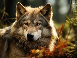 AI generated Portrait of a wolf in the autumn forest photo