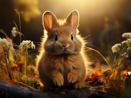 Cute little rabbit sitting in the grass on a sunny day. photo