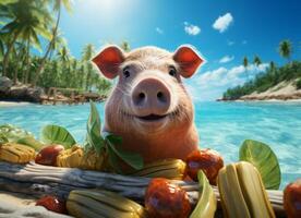 AI generated Cute pig swimming in tropical sea, summer vacation concept. photo