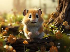 AI generated Hamster sits on a branch in the grass in a meadow photo