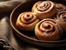 AI generated Freshly baked cinnamon rolls on rustic kitchen photo