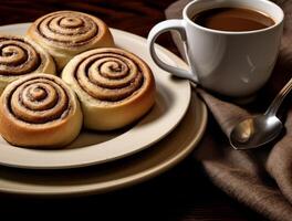 AI generated Freshly baked cinnamon rolls on rustic kitchen photo